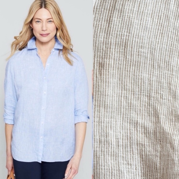 J. McLaughlin Tops - J. McLaughlin Tan and White Striped Britt Linen Button Down Shirt S